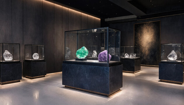 Collection of rare colorful gemstones displayed inside illuminated glass showcases in museum gallery with gemstone collection showcase precious exhibition pedestal interior lighting