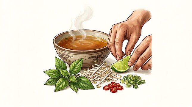 Hands seasoning a steaming bowl of soup with fresh lime and herbs