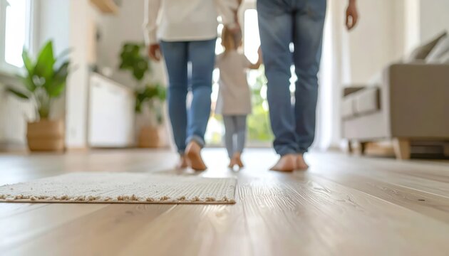 Family legs walking barefoot on clean wooden floor indoors.