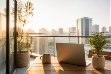 Obraz premium Laptop and coffee cup placed on balcony table at sunrise