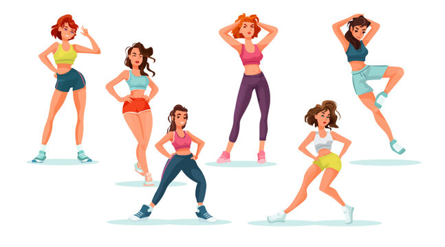 Fitness girls workout poses active women exercise colorful sportswear energetic movement isolated white background modern flat design