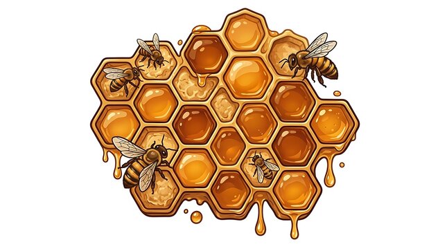 Golden honeycomb with honey bees and dripping nectar