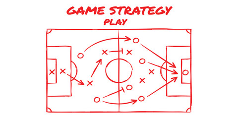Soccer game strategy play tactical diagram with red markers and arrows showing movement on a football field © GraphixEra