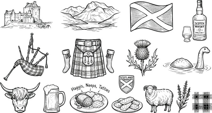 Scotland national symbols vector icon set. Traditional Scottish heritage illustrations for branding and design projects.