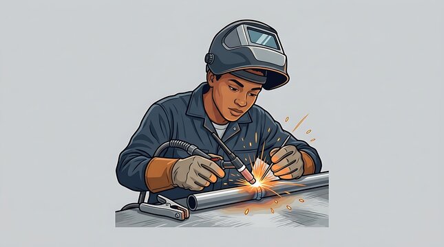 Young woman welding a metal pipe with protective gear