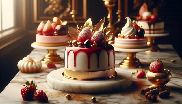 Elegant gourmet strawberry cakes displayed on marble surface for luxurious dessert