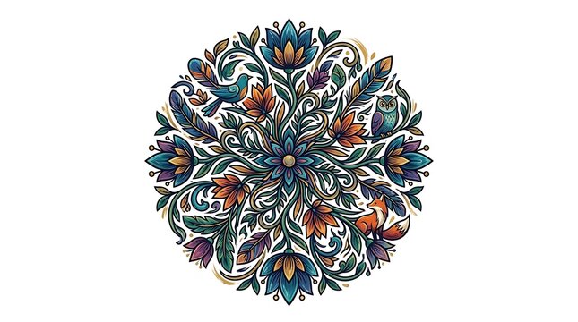 Intricate circular nature mandala with birds fox and floral patterns