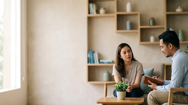 Professional counselor listening to concerned woman in modern office
