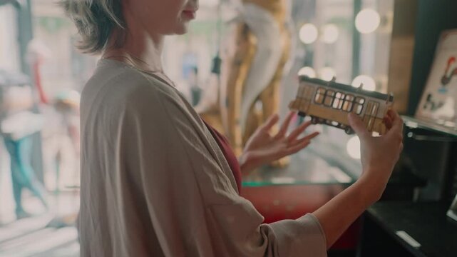 Young woman browsing souvenirs in shop