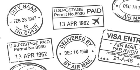 Obraz premium Collection of vintage postal stamps and ink travel marks for international mail on a document or envelope