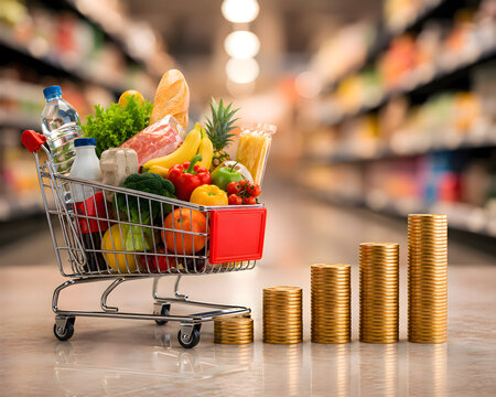 Shopping cart filled with fresh groceries in supermarket aisle beside coin stacks representing food inflation, retail spending and household budget management.