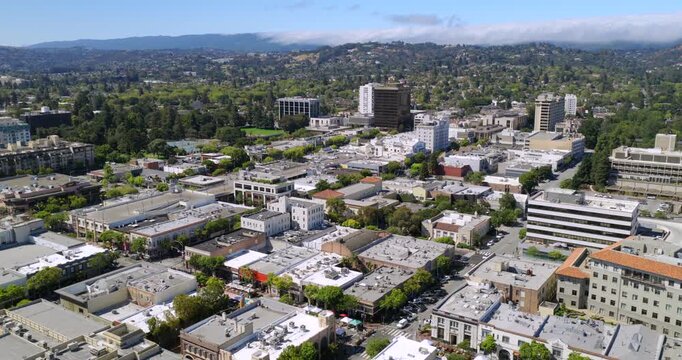 San Mateo California - Aerial View of Vibrant Downtown Area on Summer Day with Rolling Fog in Distance