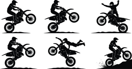 Set of motocross bike stunt silhouettes performing jumps on white background motorcycle © Md
