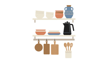 Fototapeta premium Wooden shelves with organized kitchen utensils plates bowls and cutting boards