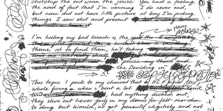 Old vintage handwritten letter with cursive text and ink scribbles on a weathered piece of aged paper texture