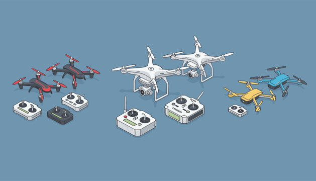 Isometric collection of remote control drones and wireless transmitters on blue background