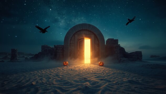 Mysterious ancient ruin gateway at night with glowing portal and pumpkins under starry sky with crows.