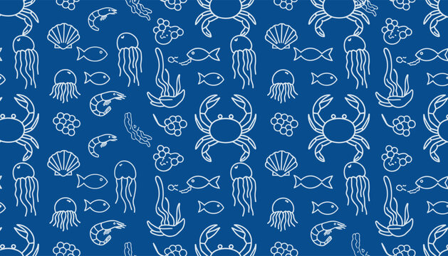 Seamless pattern with sea life icons of crabs jellyfish and fish on blue background