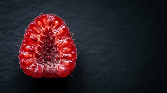 Fresh red raspberry cut in half on a black stone background