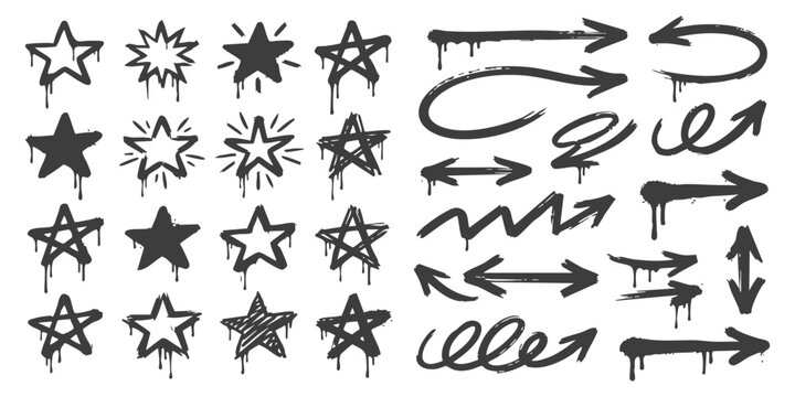 Set of hand drawn graffiti stars and arrows with paint drip effects in black ink style for creative design