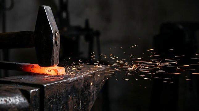 Blacksmith hammer hitting glowing metal bar on anvil with sparks