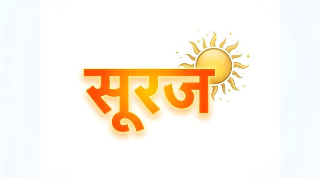 Hindi word suraj in vibrant orange yellow gradient with bright shining sun background icon.