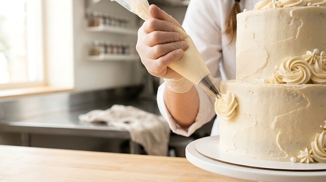 Baker decorating a tiered white cake with buttercream frosting