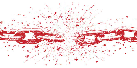 Fototapeta premium Dynamic red broken chain exploding in mid-air symbolizing freedom and shattering liberation hand-drawn vector illustration.