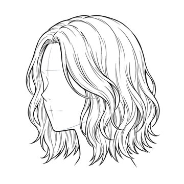 Hand drawn sketch of wavy lob side profile isolated on white background. Ink drawing.