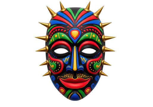 Colorful decorative tribal mask with spiky hair isolated on transparent background