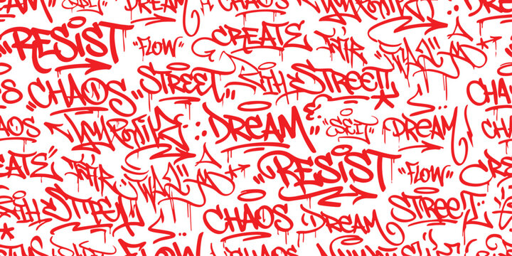 Seamless pattern with red graffiti tags and words like resist create and dream on a bright urban wall surface