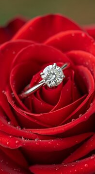 Close-up of a single red rose with dewdrop.
