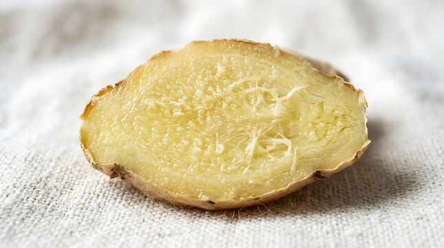 Fresh sliced ginger root macro shot on textured white fabric background
