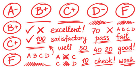 Set of handwritten school grades and feedback comments written in red ink on a piece of paper for education © GraphixEra