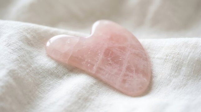 Pink rose quartz gua sha tool resting on soft white textured fabric background