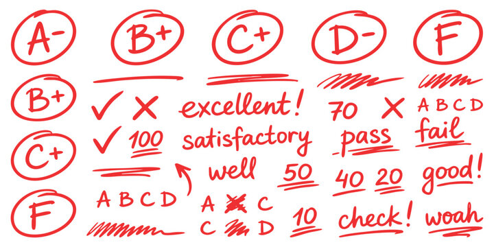 Set of handwritten school grades and feedback comments written in red ink on a piece of paper for education