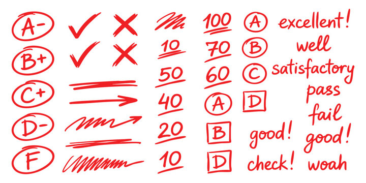 Set of red hand drawn school exam grades check marks crosses numbers and text comments for teacher grading