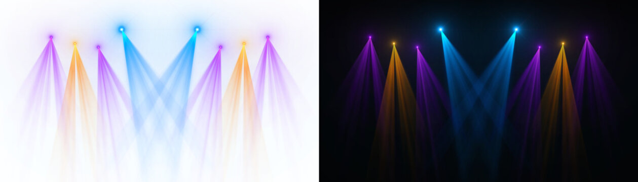 Spotlight beams orange purple blue lighting shining on concert stage on transparent background. VFX design, theatre stage poster, party, music event.