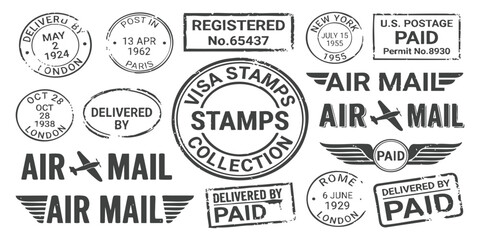 Obraz premium Set of vintage post office rubber stamps with air mail and delivery marks and classic travel ink symbols