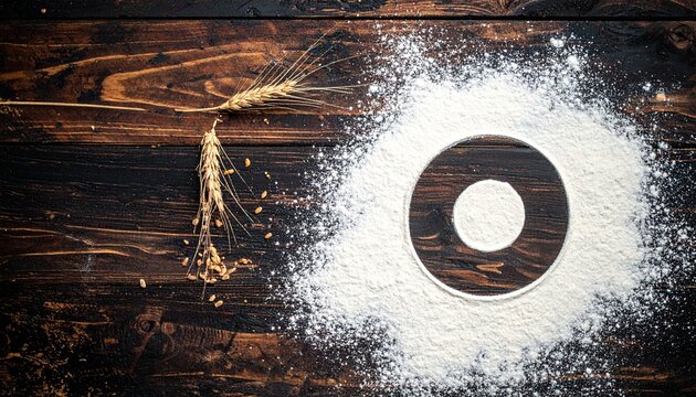 Top View of Wheat Flour Spilled on Dark Wooden Background with Wheat Ears