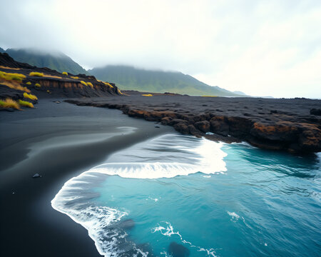 Plage de lave noire volcanique baign&eacute;e par des vagues turquoises spectaculaires, paysage c&ocirc;tier sauvage et dramatique d'une &icirc;le volcanique au milieu de l'oc&eacute;an