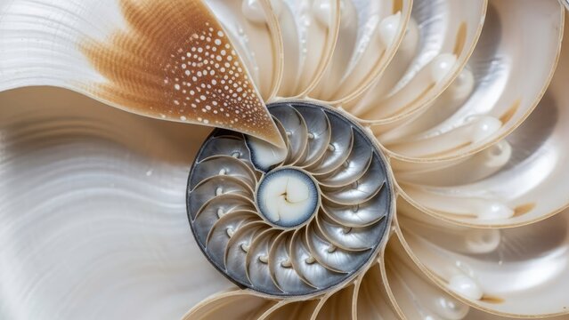 Close up of nautilus shell spiral pattern.