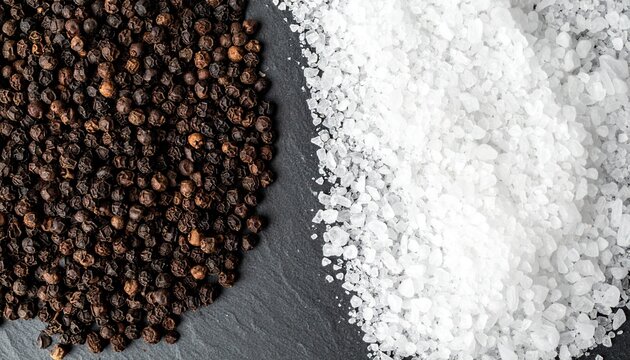 Close-up of black peppercorns and coarse sea salt on a dark slate background