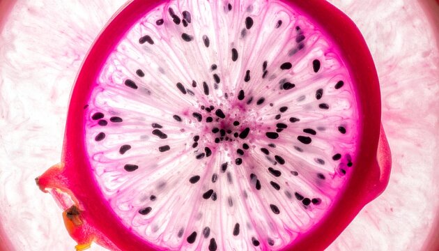 Dragon fruit macro shot, vibrant pink skin, and black seeds, close-up food photography