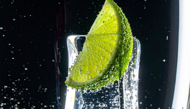 Fresh lime wedge in a shot glass with sparkling bubbly drink on black background