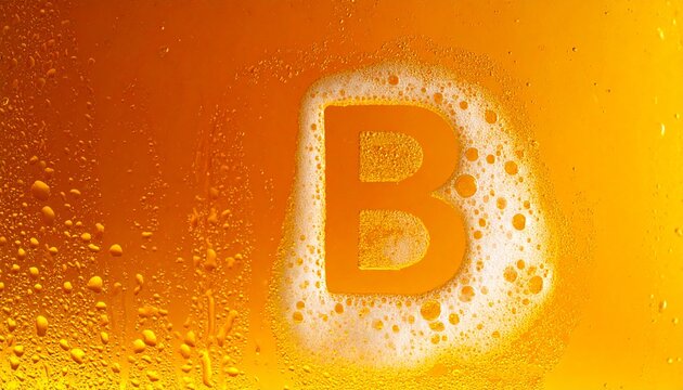 Freshly poured golden beer with foam bubbles shaping the letter B