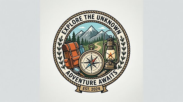 Retro hiking emblem with mountains compass and lantern