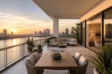 Obraz premium Outdoor balcony dining area overlooking river and city at sunset