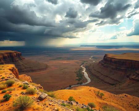 Escarpement rocheux dominant une savane immense sous un ciel nuageux et dramatique, paysage africain grandiose avec des teintes chaudes et lumineuses