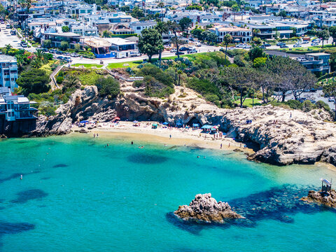 aerial landscape view of Entrance Channel with Pirates Cove Beach next to Corona del Mar State Beach, located in Corona del Mar, a seaside neighborhood in the city of Newport Beach, California, 